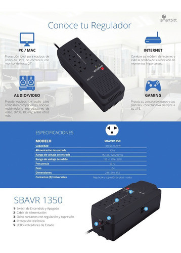 Regulador Smartbitt SBAVR1350 de 1350 VA / 675W con 8 contactos. - Image 3