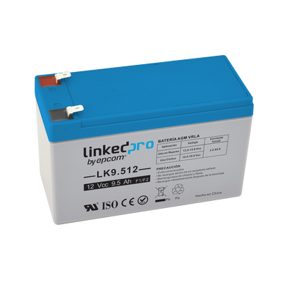 Batería 12 V / 9.5 Ah / UL / Tecnología AGM / Vida útil promedio 5 años / Para uso en equipo electrónico, Alarmas de Intrusión / Incendio/ Control de acceso / Video Vigilancia / Terminales F1 ( Incluye adaptador F