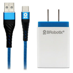 Kit de cargador y cable BRobotix, 1 puerto USB, 2.1A, Cable de 1m, USB Tipo-C. Color Blanco/Azul.