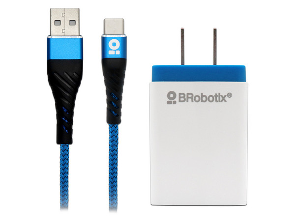 Kit de cargador y cable BRobotix, 1 puerto USB, 2.1A, Cable de 1m, USB Tipo-C. Color Blanco/Azul.
