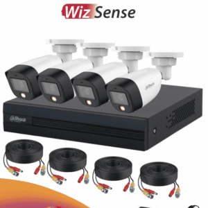 Kit de 4 Cámaras bullet blancas con led, DVR negro con 4 rollos de cable siamés, una fuente de poder y divisor de corriente         Más Vendidos Outlet DAHUA FULLCOLORKIT- Kit de 4 canales Full Color de 2 MP. Incluye 4 cámaras HFW1209CN-LED, DVR Cooper-I WizSense, con IA, H.265+, y 4 canales + 1 IP (o hasta 5 canales IP). Búsqueda avanzada de humanos y vehículos, accesorios incluidos