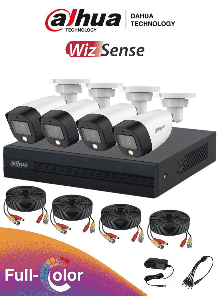 Kit de 4 Cámaras bullet blancas con led, DVR negro con 4 rollos de cable siamés, una fuente de poder y divisor de corriente Más Vendidos Outlet DAHUA FULLCOLORKIT- Kit de 4 canales Full Color de 2 MP. Incluye 4 cámaras HFW1209CN-LED, DVR Cooper-I WizSense, con IA, H.265+, y 4 canales + 1 IP (o hasta 5 canales IP). Búsqueda avanzada de humanos y vehículos, accesorios incluidos