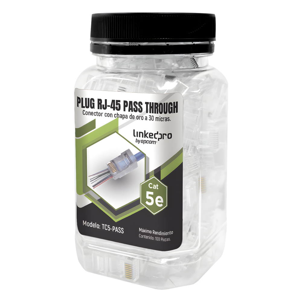 Bote con 100 Plugs Pass Through RJ45 Cat5e sin Blindaje, Chapado de Oro a 30 Micras para Durabilidad Extrema